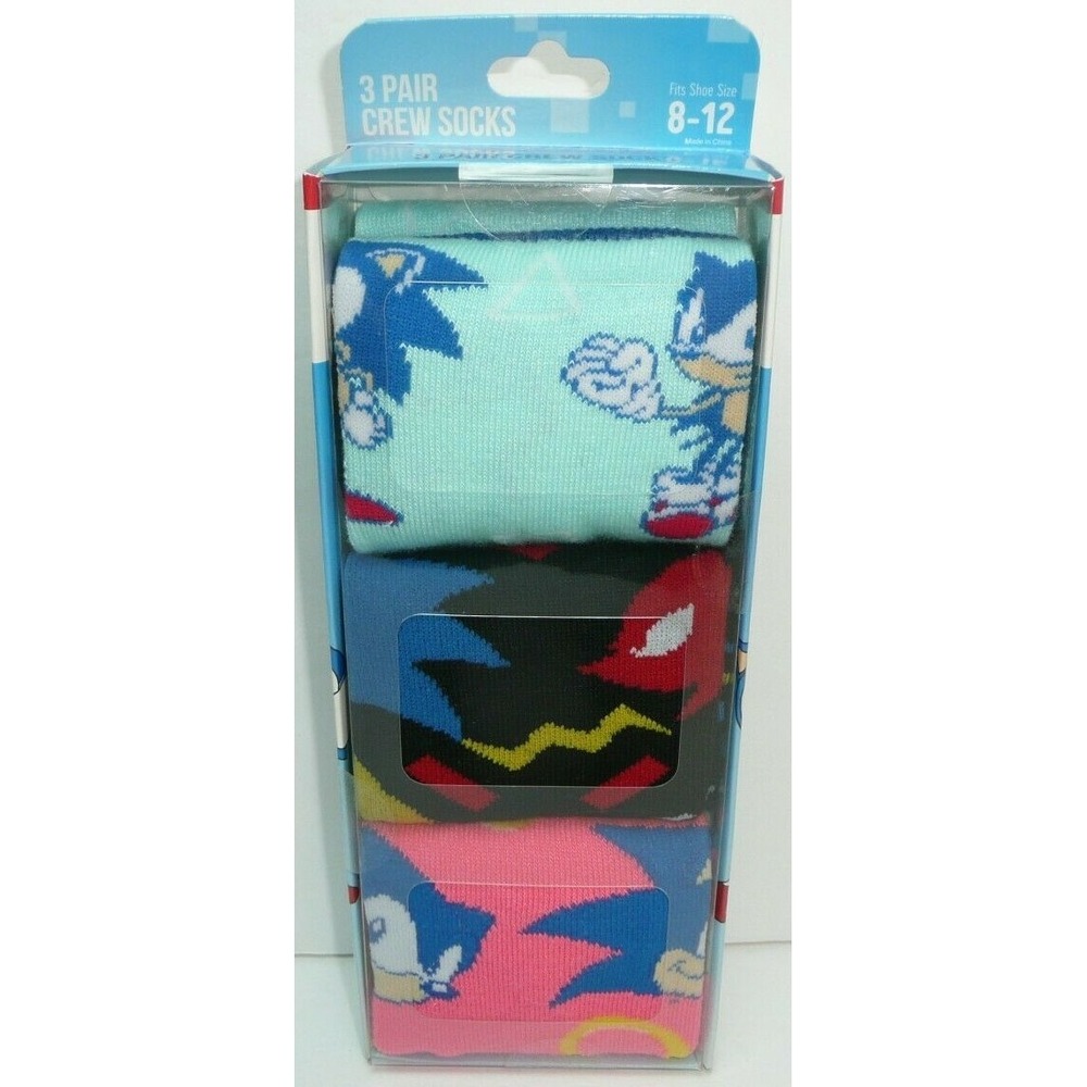 Sonic the Hedgehog Crew Socks 3 Pairs Gift Set Novelty Xmas Tails Knuckles Ring
